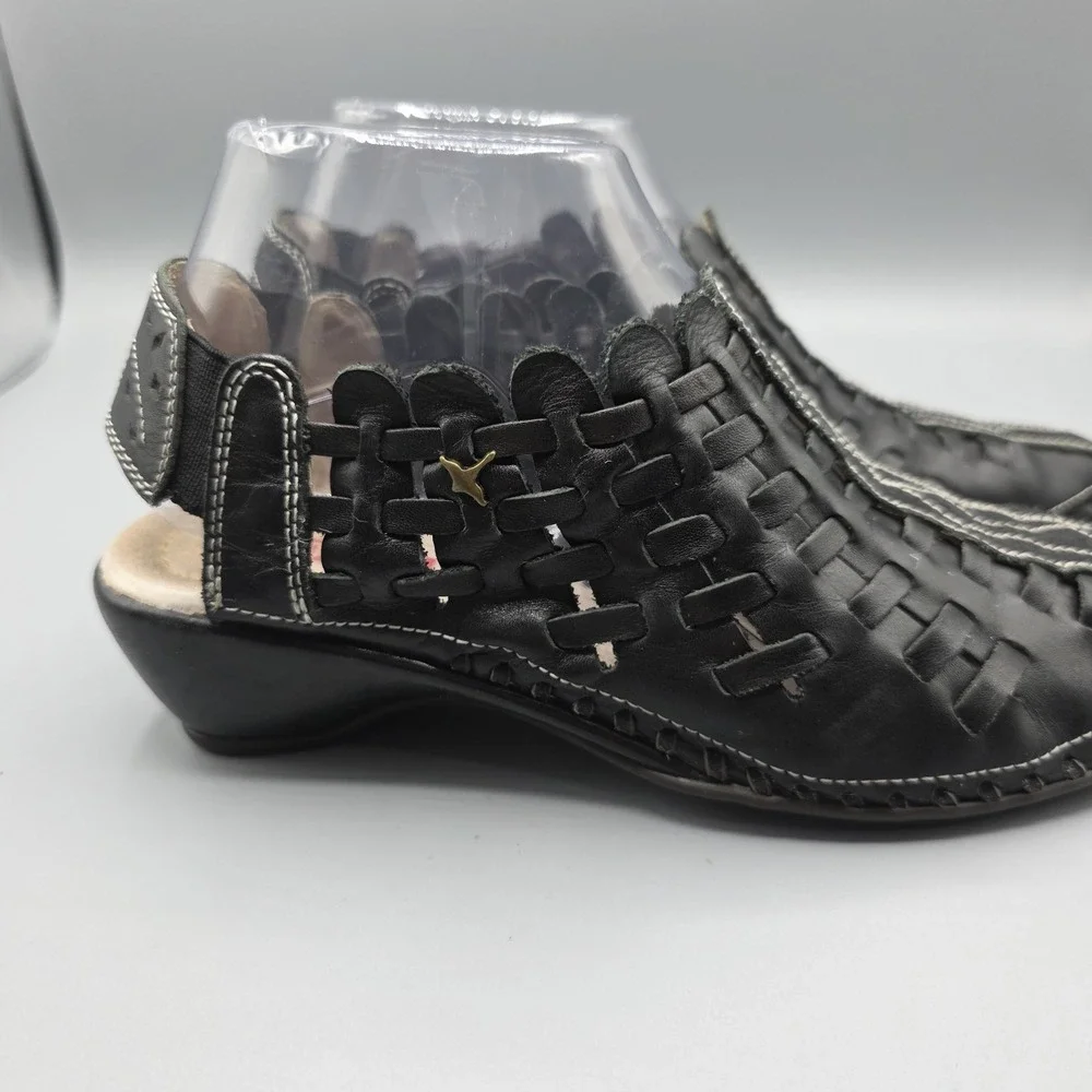 Pikolinos Romana Shoes Womens 38 Black Leather Slingback Sandal Wedge Heel Woven